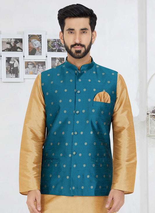 Printed Banarasi Silk Blue Nehru Jackets - M7475