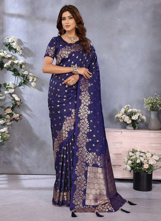 Blue Banarasi Silk Trendy Saree Jacquard Work, Weaving Zari S16646