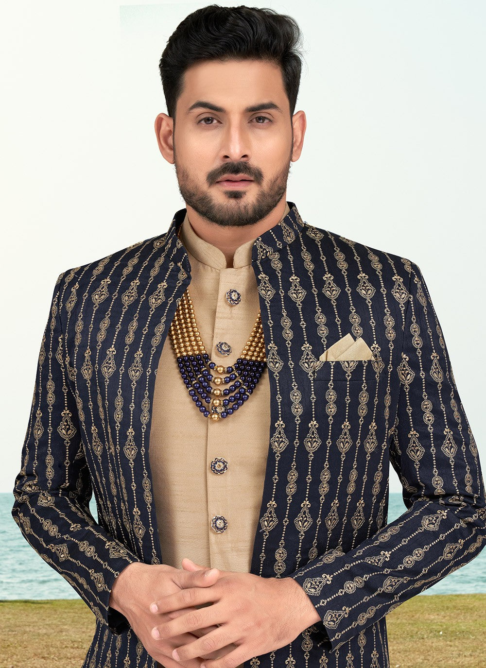 Machine Embroidery Banarasi Silk Brown, Navy Blue Sherwani - M6766