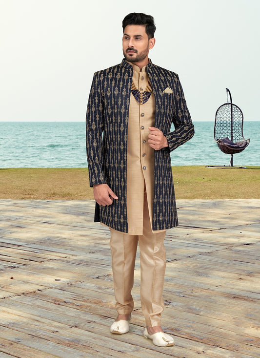 Machine Embroidery Banarasi Silk Brown, Navy Blue Sherwani - M6766
