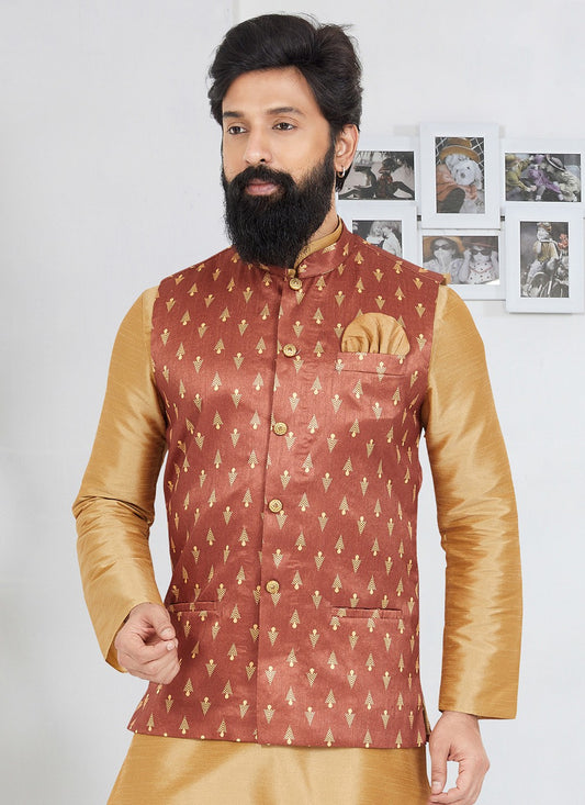 Printed Banarasi Silk Brown Nehru Jackets - M7497