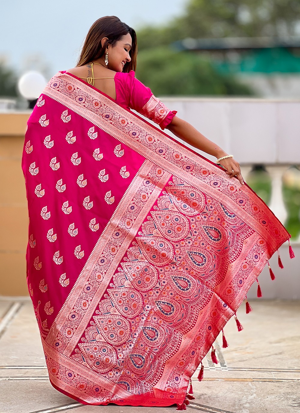 Hot Pink Banarasi Silk Classic Saree Jacquard Work, Woven S18535