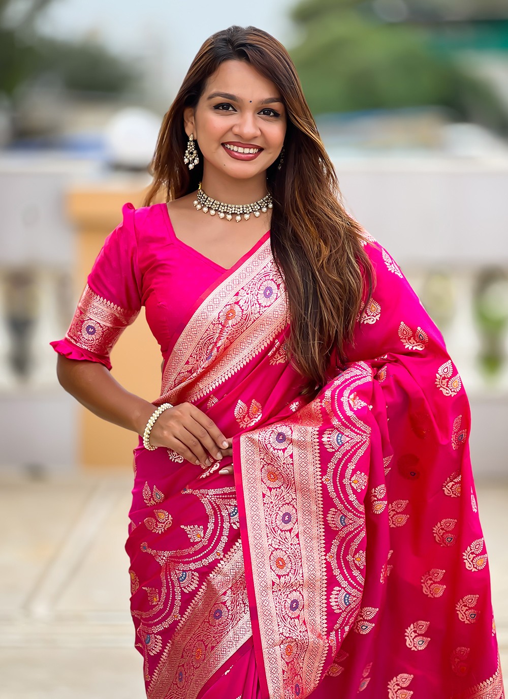 Hot Pink Banarasi Silk Classic Saree Jacquard Work, Woven S18535