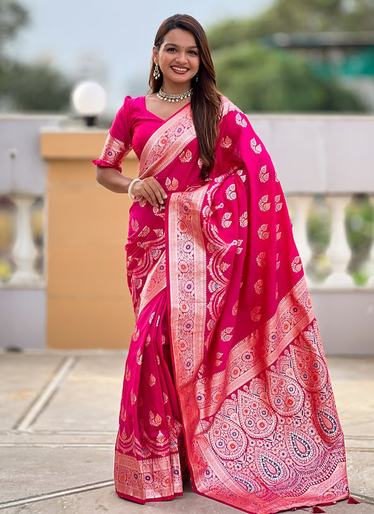 Hot Pink Banarasi Silk Classic Saree Jacquard Work, Woven S18535