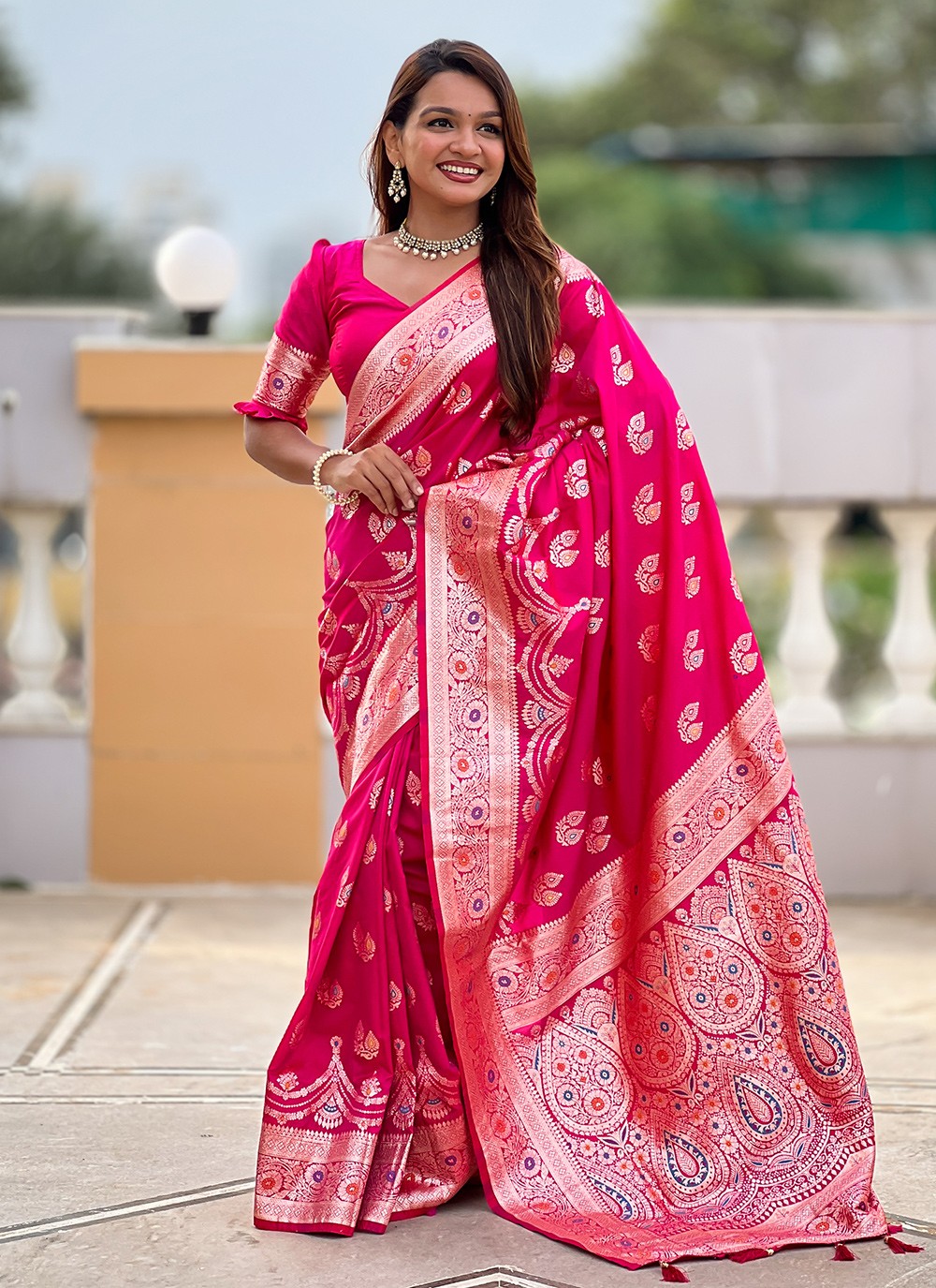 Hot Pink Banarasi Silk Classic Saree Jacquard Work, Woven S18535