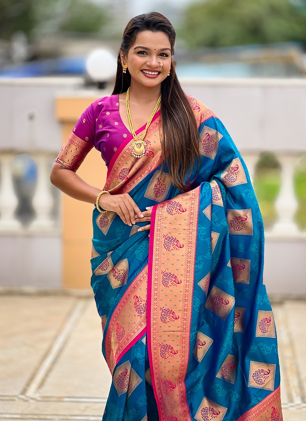 Teal Banarasi Silk Classic Saree Meenakari, Woven S18777