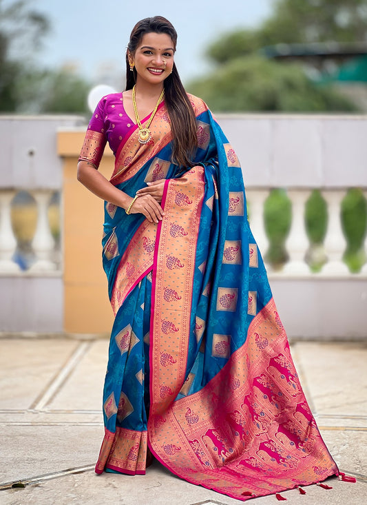 Teal Banarasi Silk Classic Saree Meenakari, Woven S18777