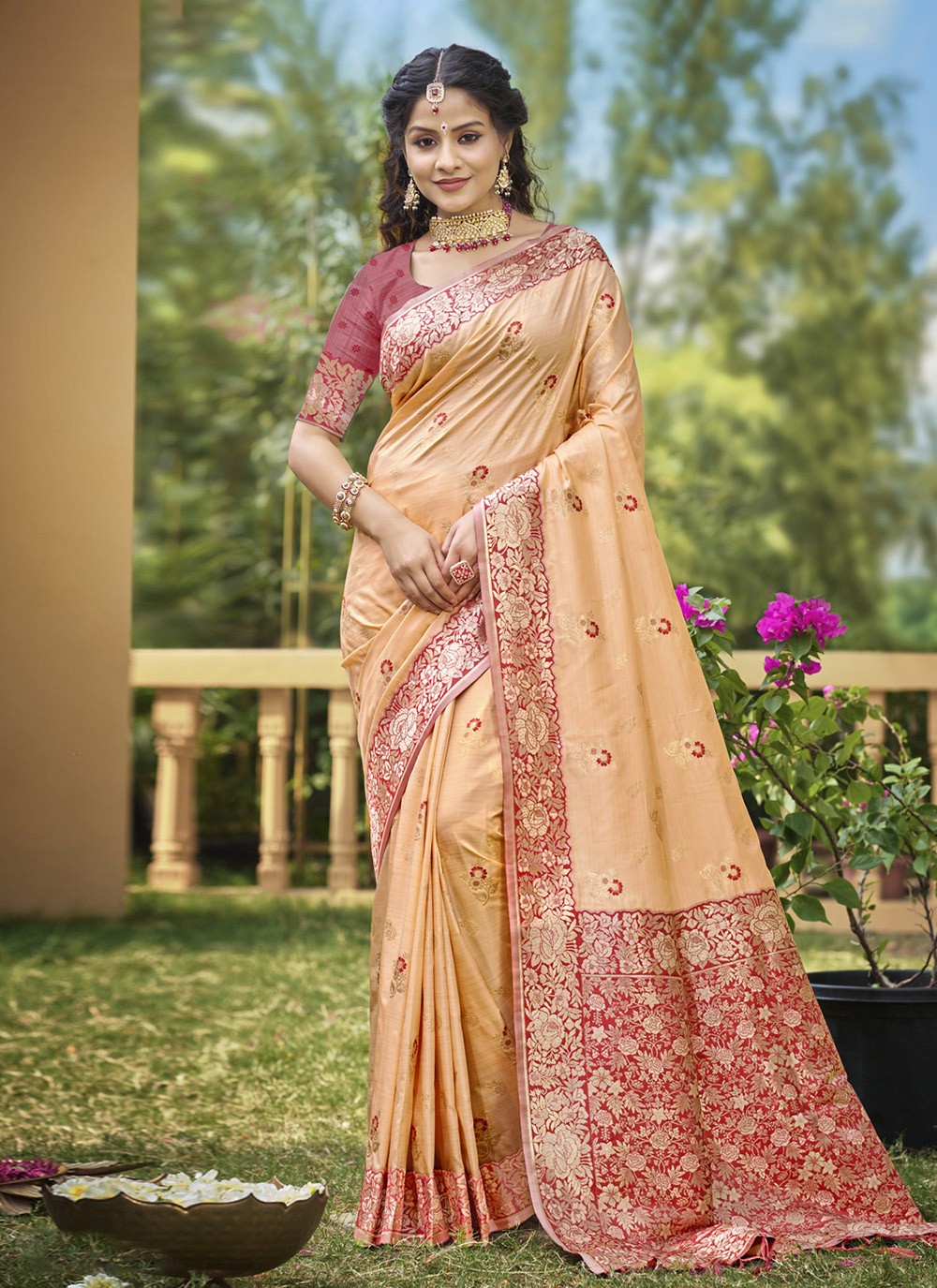 Classic Saree Weaving Zari Peach Banarasi Silk Saree S12774