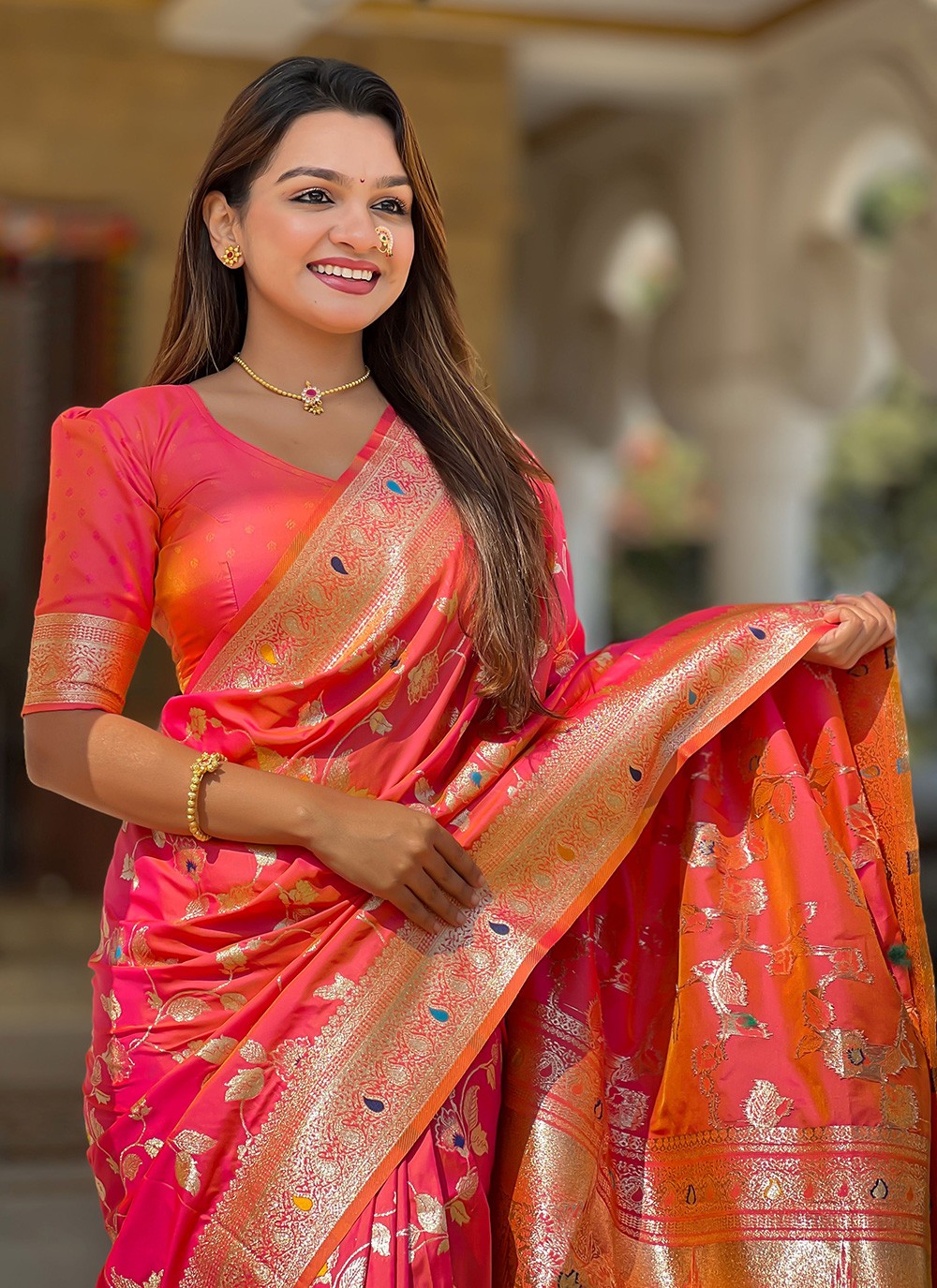 Pink Banarasi Silk Classic Saree Jacquard Work S16583