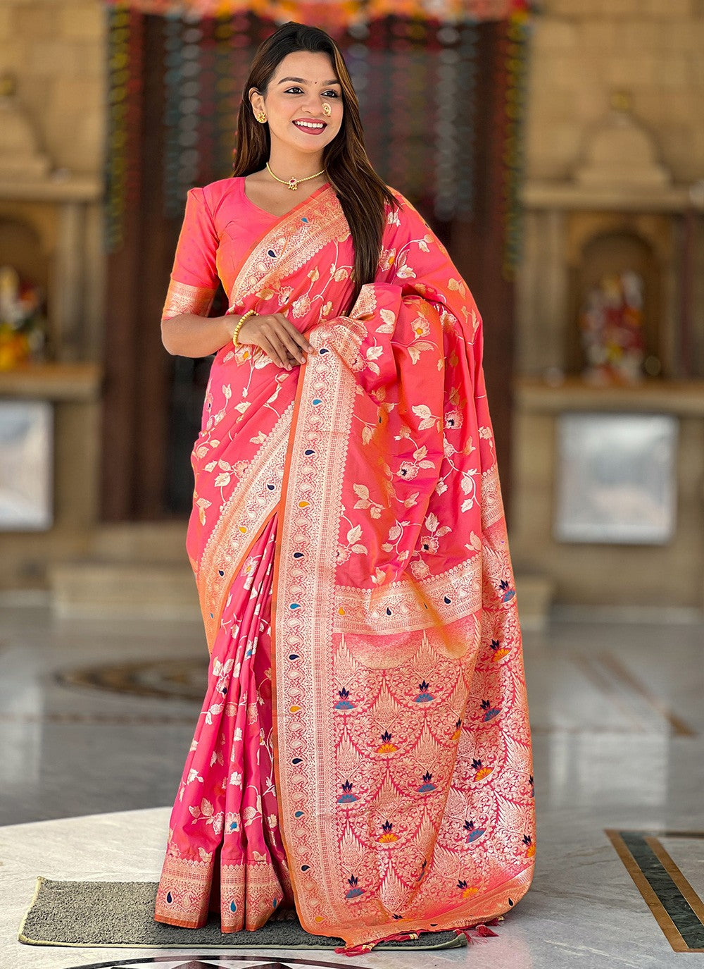 Pink Banarasi Silk Classic Saree Jacquard Work S16583
