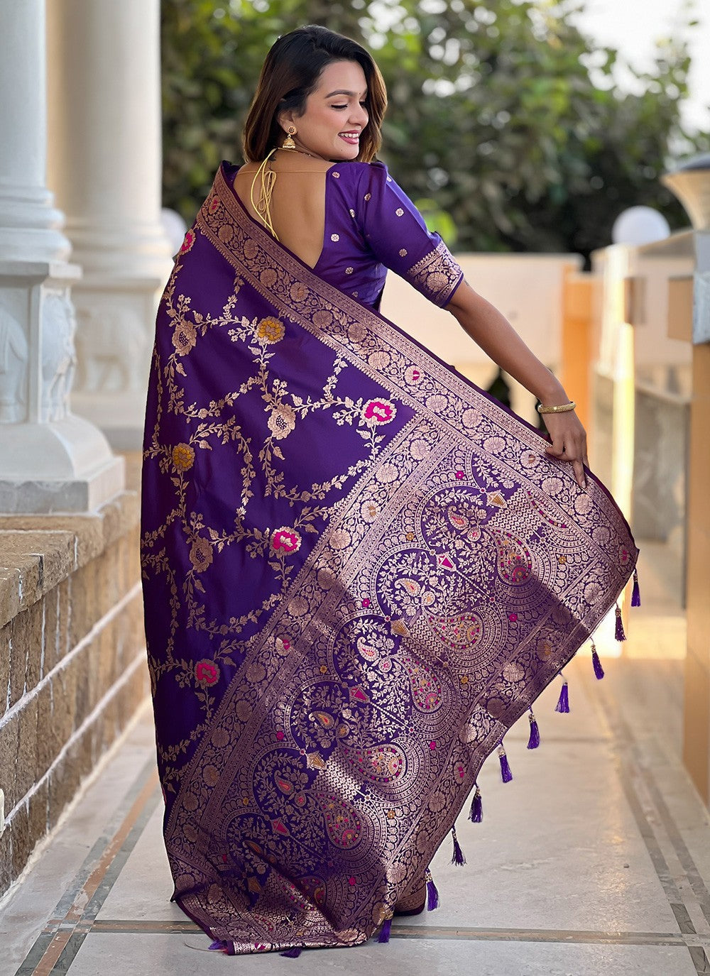 Violet Banarasi Silk Contemporary Saree Meenakari S16333