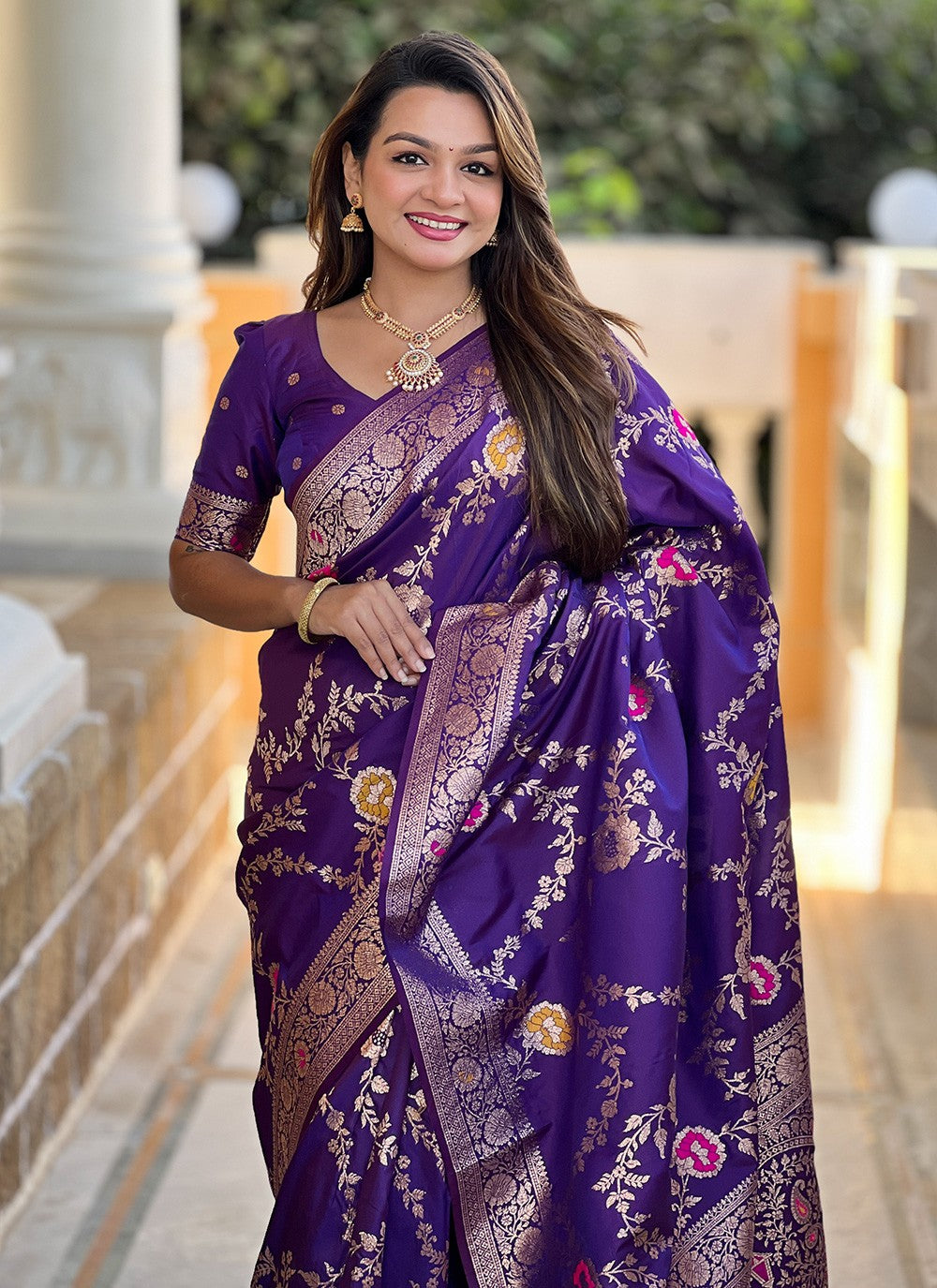 Violet Banarasi Silk Contemporary Saree Meenakari S16333