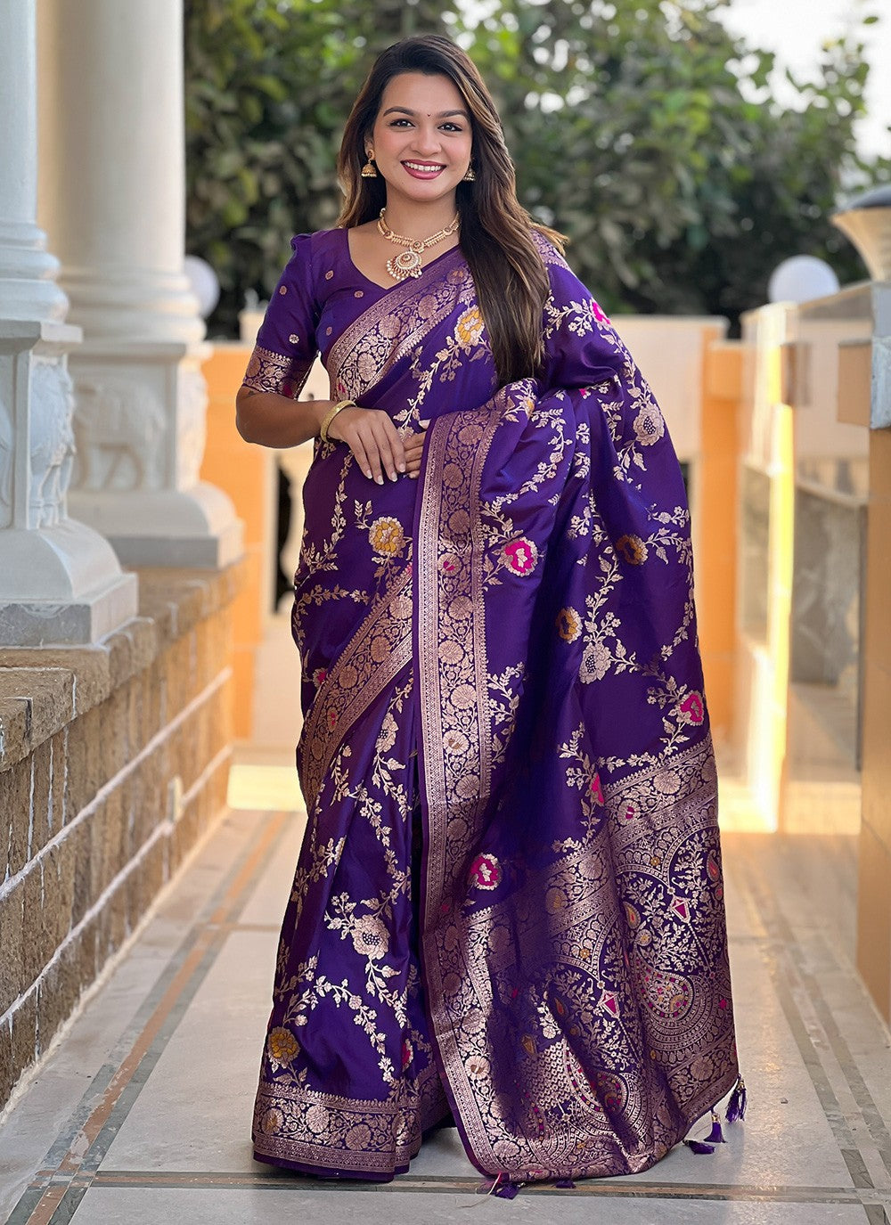 Violet Banarasi Silk Contemporary Saree Meenakari S16333