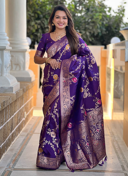 Violet Banarasi Silk Contemporary Saree Meenakari S16333
