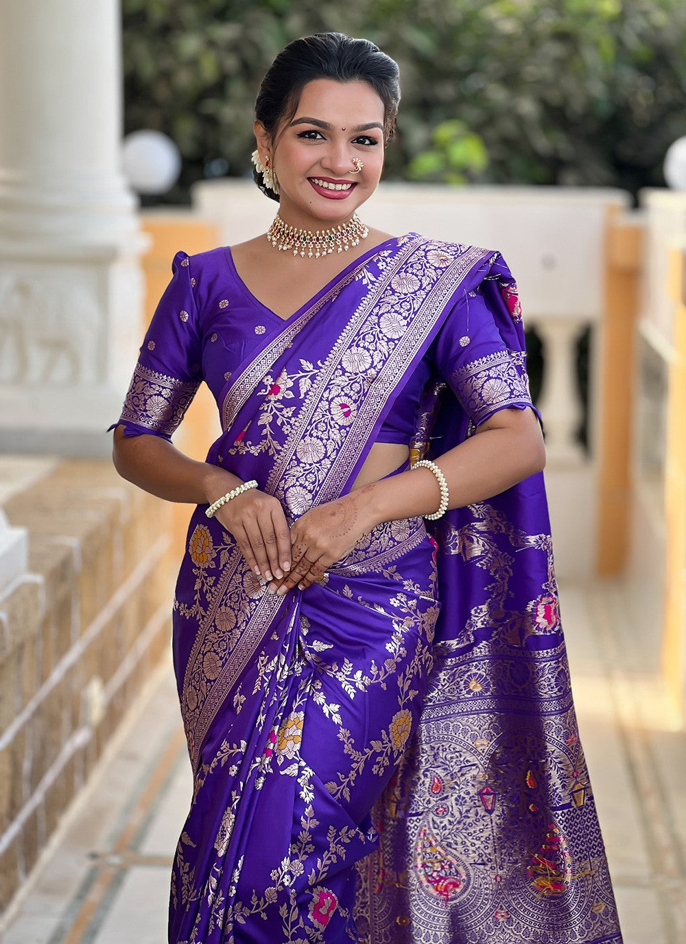 Purple Banarasi Silk Contemporary Saree Meenakari S16329