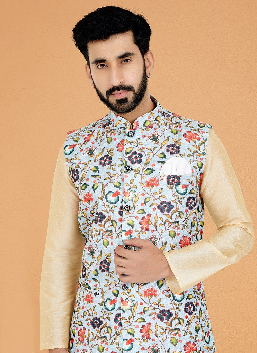 Embroidered Banarasi Silk, Polyester Cream, Multi Colour Kurta Payjama With Jacket - M5539