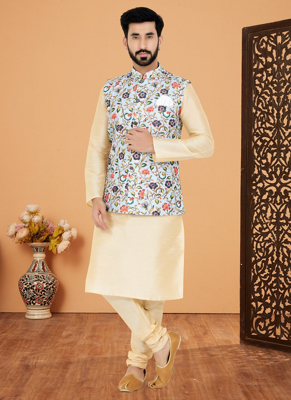Embroidered Banarasi Silk, Polyester Cream, Multi Colour Kurta Payjama With Jacket - M5539