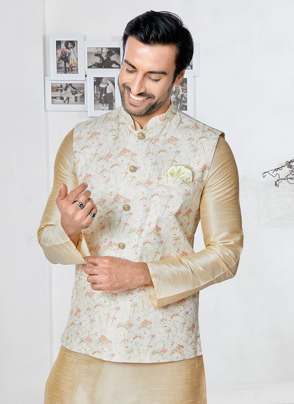 Embroidered Banarasi Silk, Polyester Cream, Multi Colour Kurta Payjama With Jacket - M5541