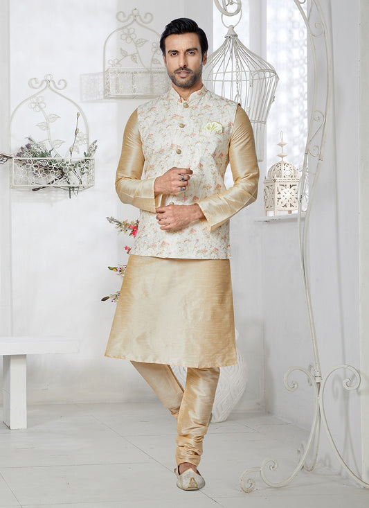 Embroidered Banarasi Silk, Polyester Cream, Multi Colour Kurta Payjama With Jacket - M5541