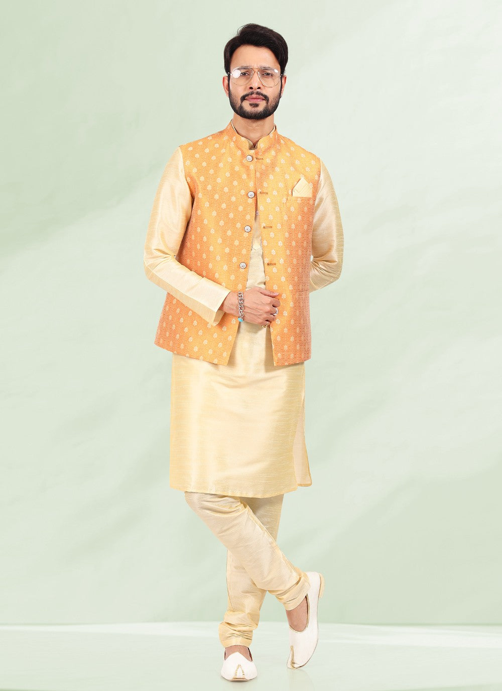 Jacquard Work Banarasi Silk, Jacquard Cream, Orange Kurta Payjama With Jacket - M4875