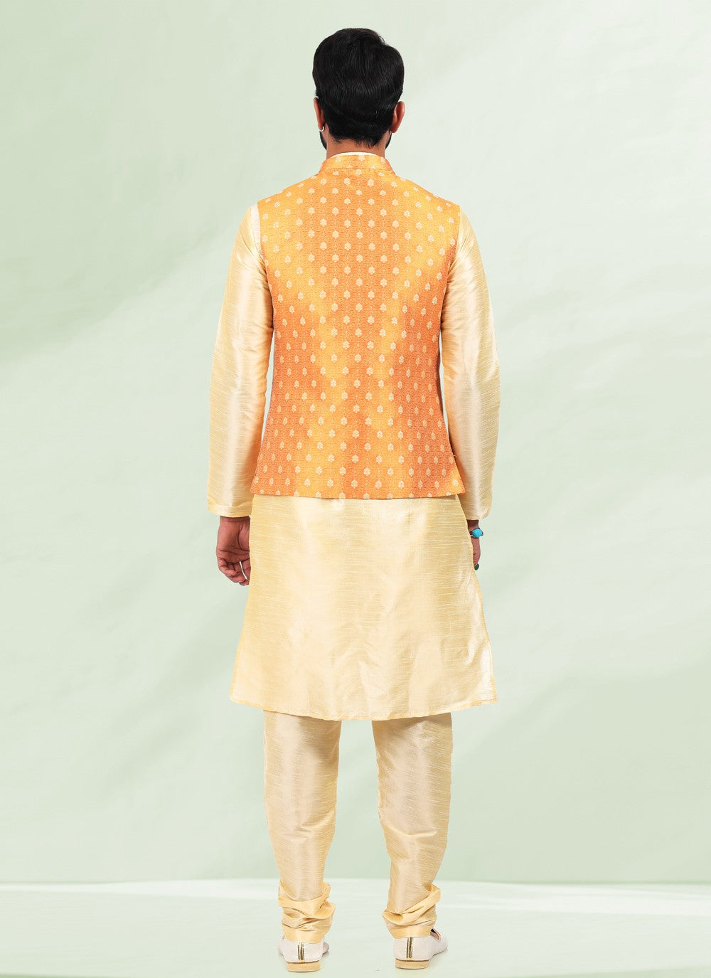 Jacquard Work Banarasi Silk, Jacquard Cream, Orange Kurta Payjama With Jacket - M4875