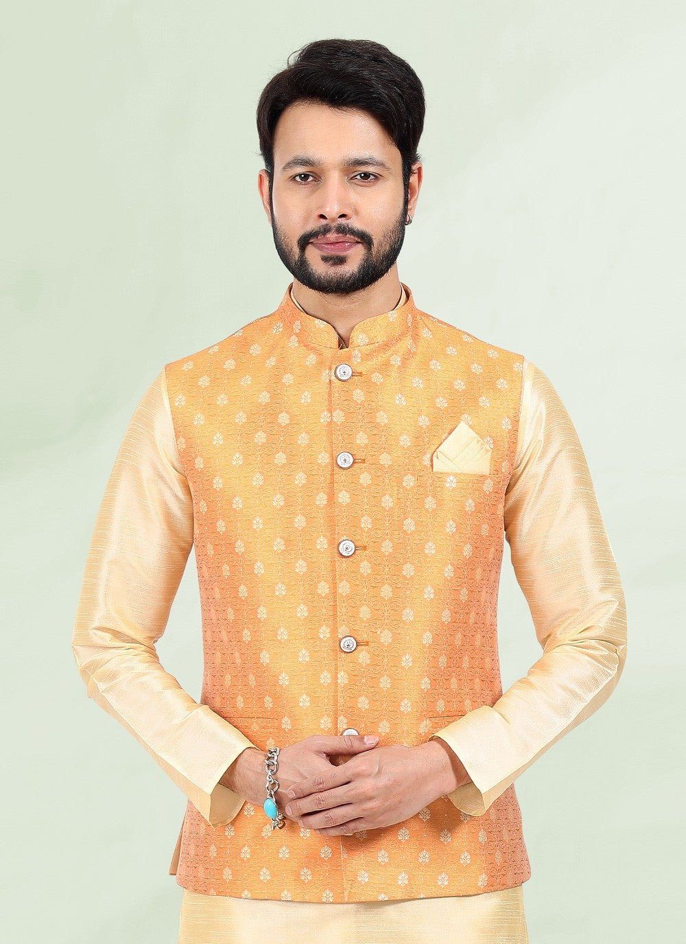 Jacquard Work Banarasi Silk, Jacquard Cream, Orange Kurta Payjama With Jacket - M4875
