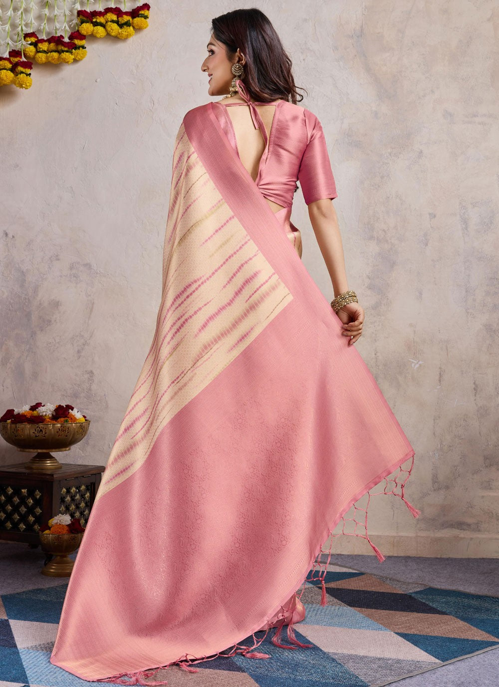 Designer Weaving Zari Cream, Pink Banarasi Silk S12818