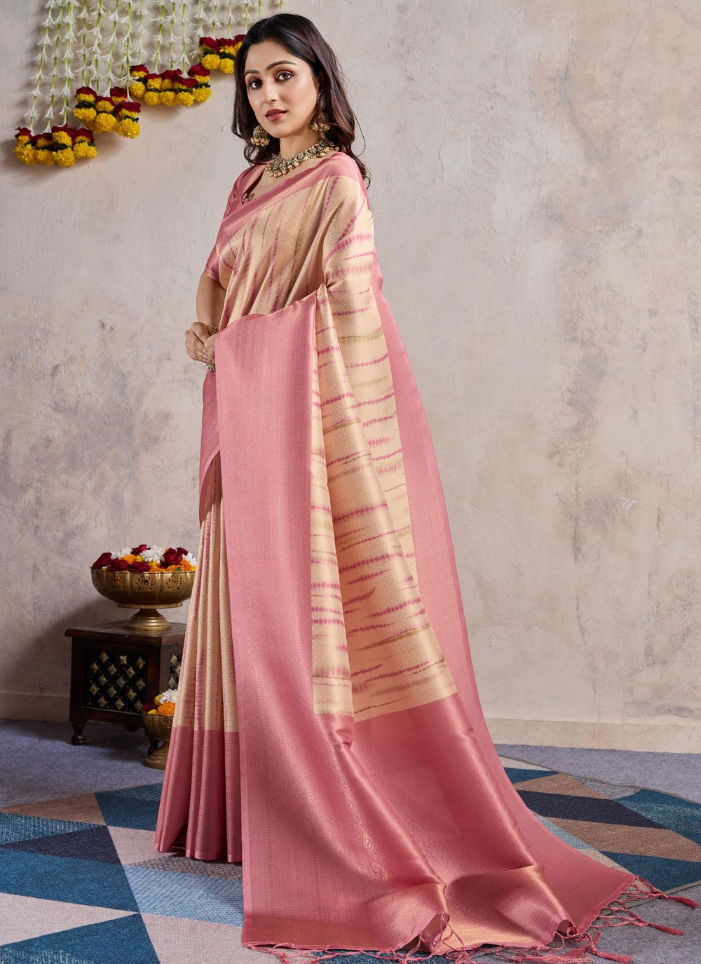 Designer Weaving Zari Cream, Pink Banarasi Silk Saree S12818