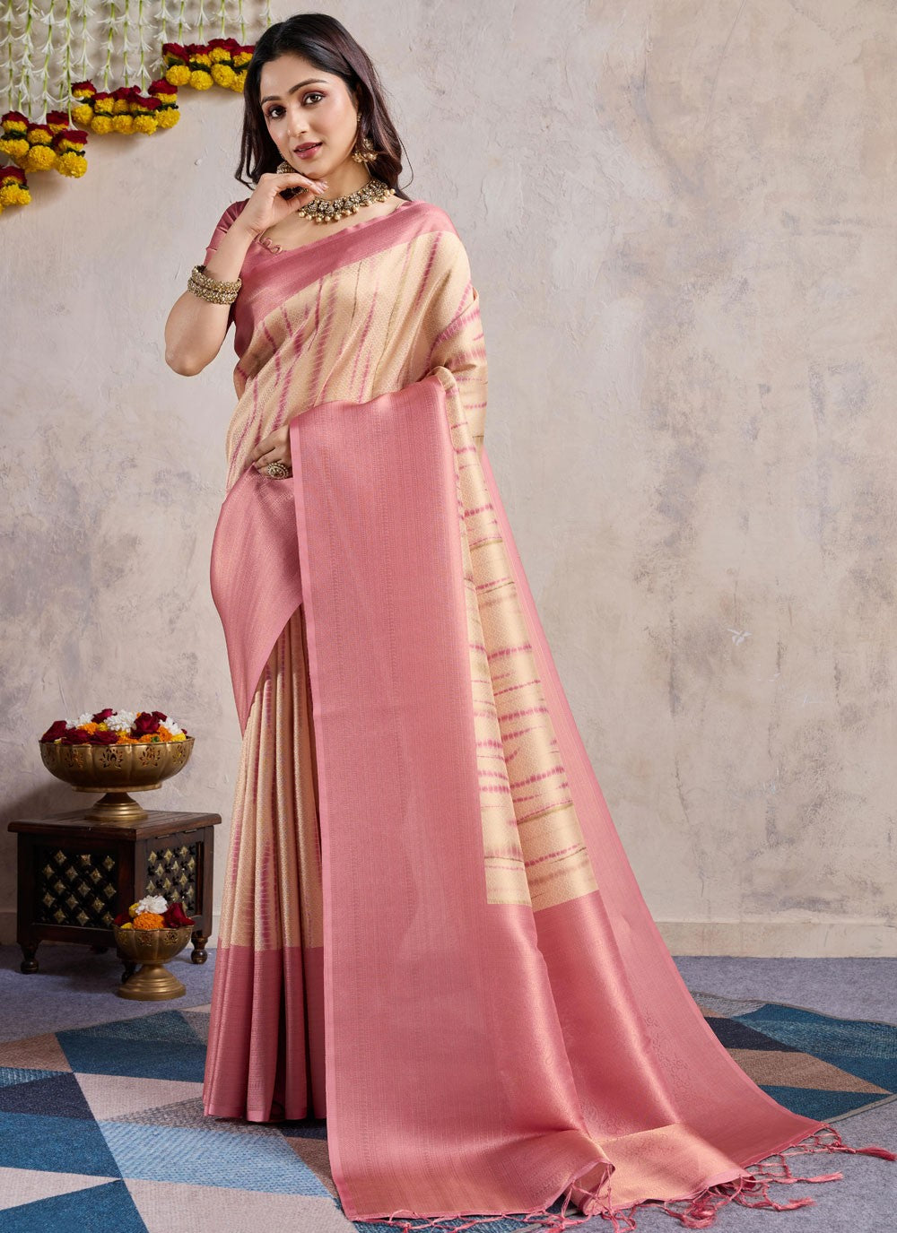 Designer Weaving Zari Cream, Pink Banarasi Silk S12818