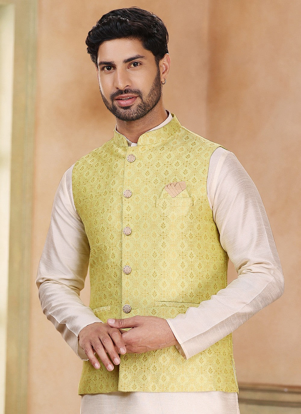Fancy Work Banarasi Silk, Jacquard Cream, Yellow Kurta Payjama With Jacket - M5365