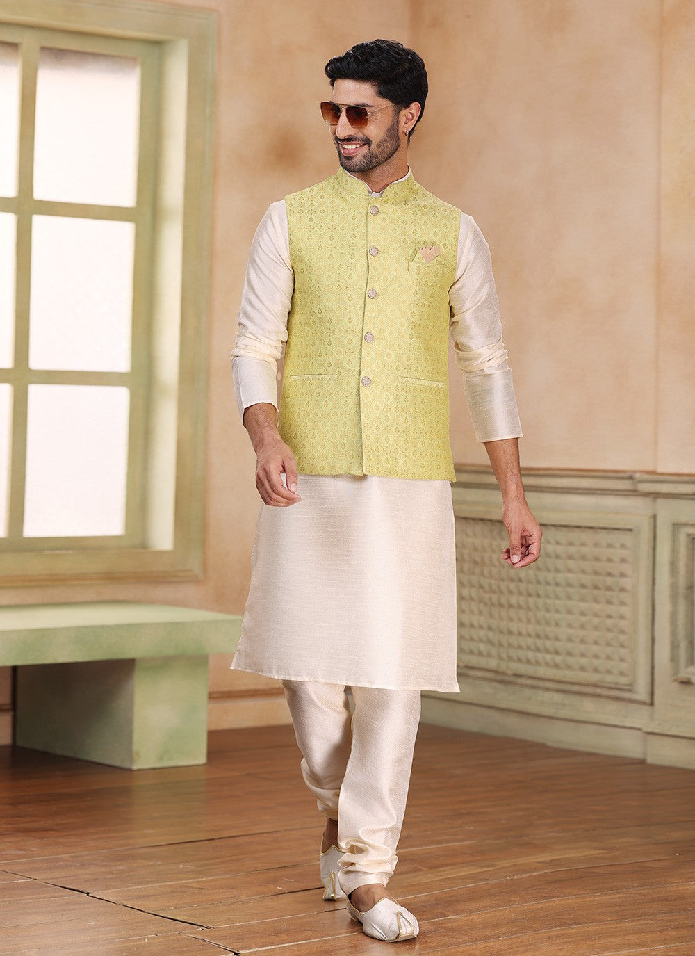 Fancy Work Banarasi Silk, Jacquard Cream, Yellow Kurta Payjama With Jacket - M5365