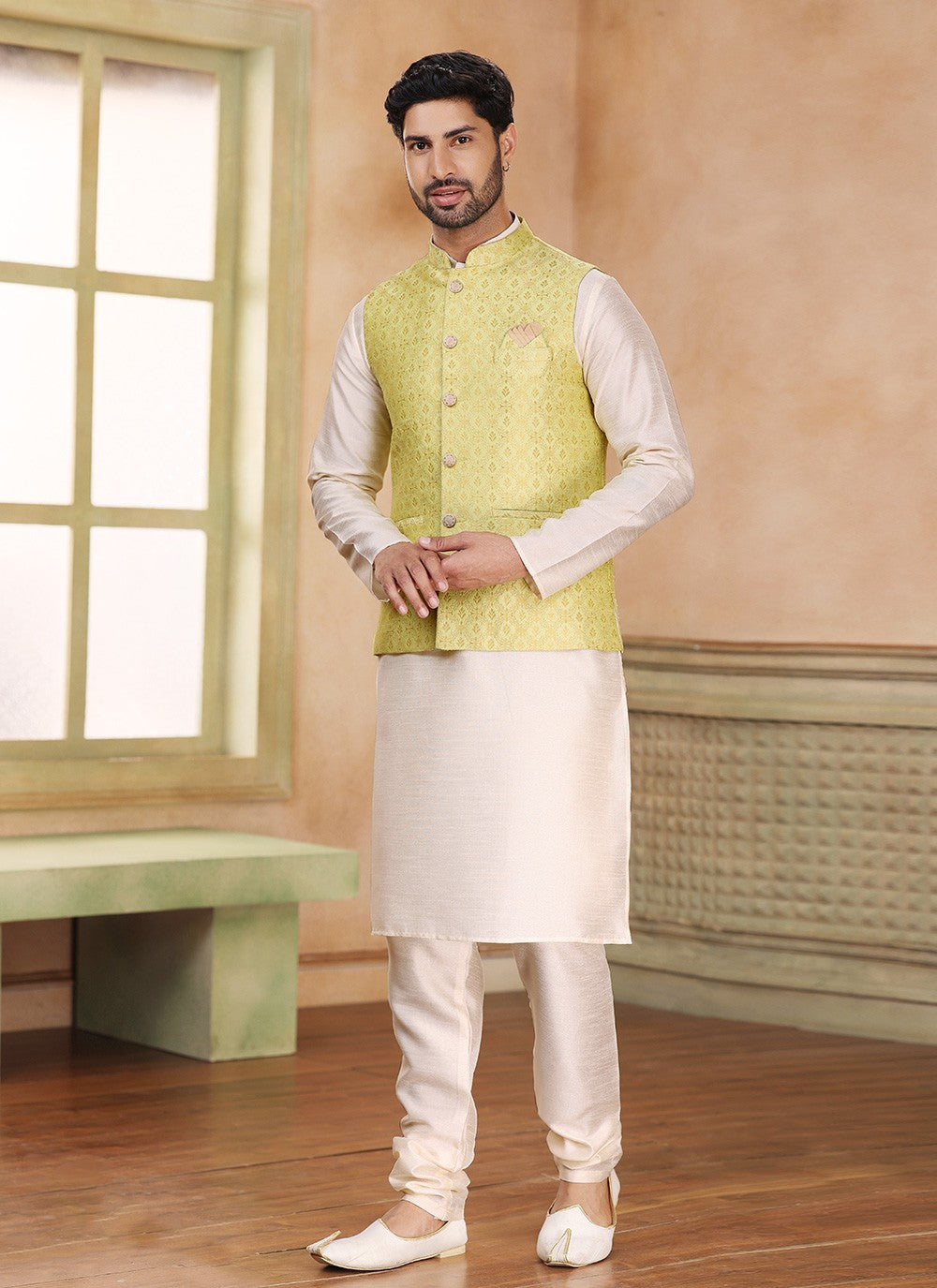Fancy Work Banarasi Silk, Jacquard Cream, Yellow Kurta Payjama With Jacket - M5365