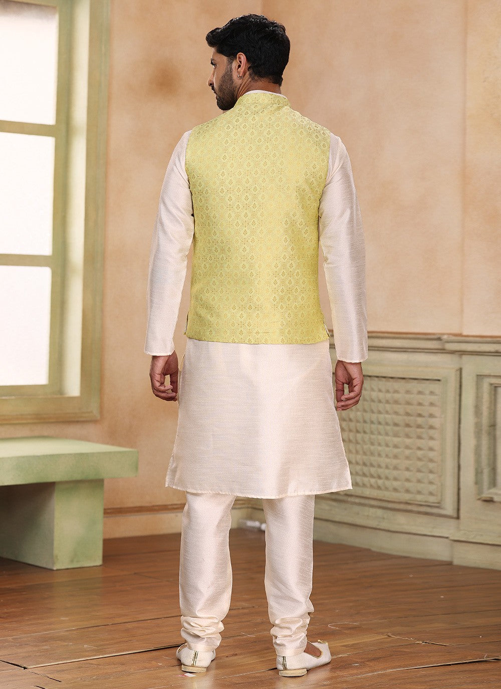 Fancy Work Banarasi Silk, Jacquard Cream, Yellow Kurta Payjama With Jacket - M5365