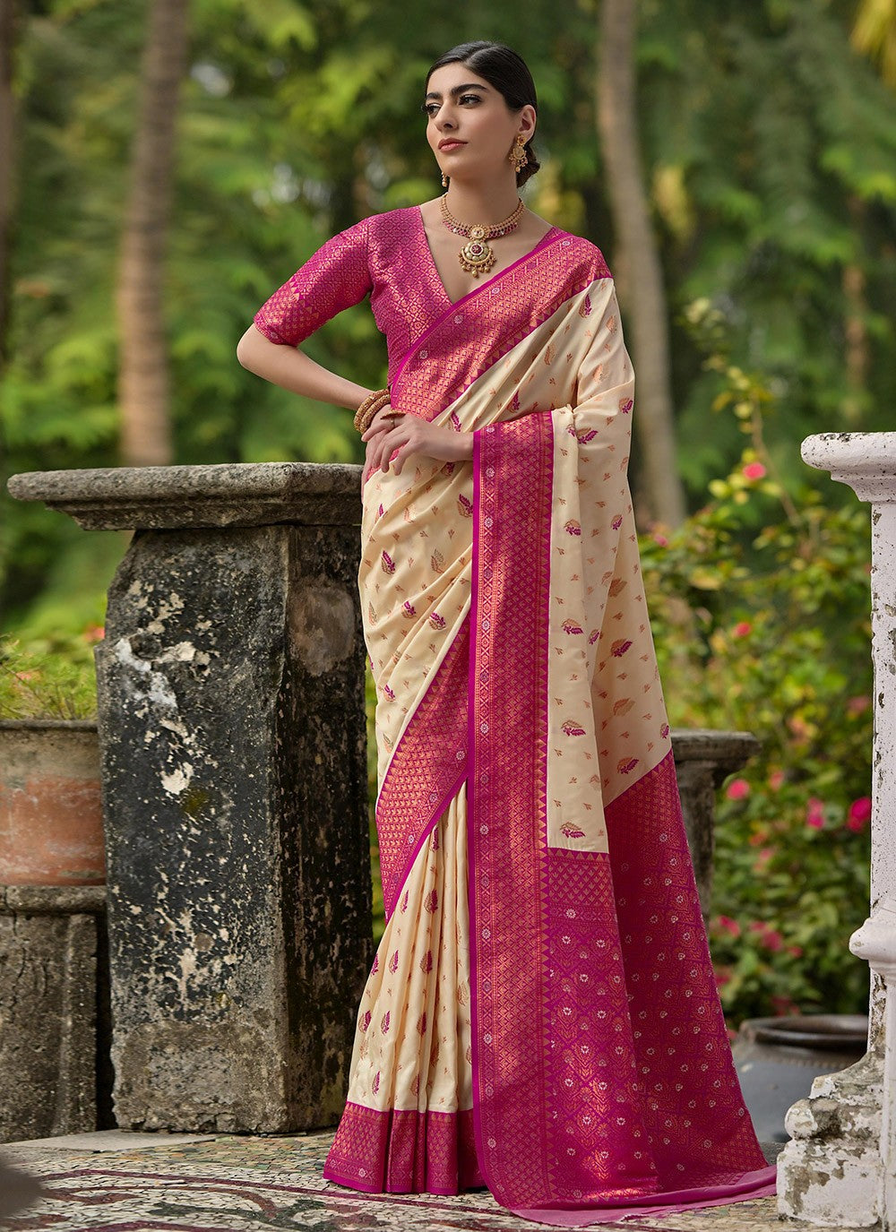 Classic Saree Weaving Zari Cream Banarasi Silk Saree S13339