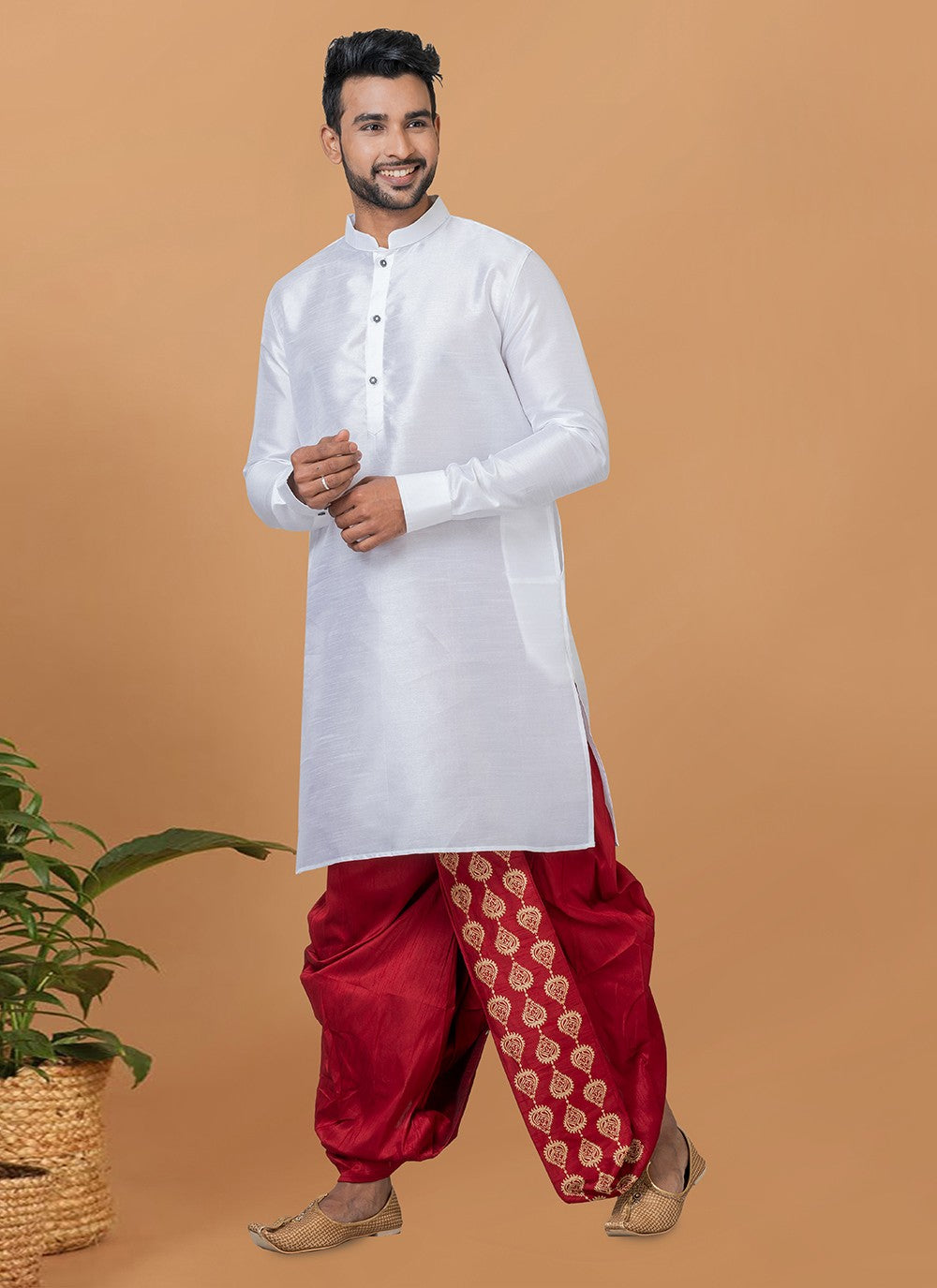 Plain Banarasi Silk White Dhoti Kurta - M5936
