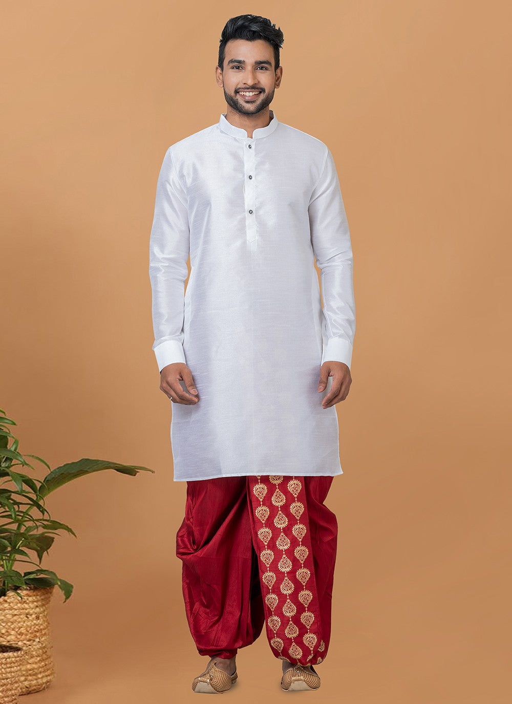 Plain Banarasi Silk White Dhoti Kurta - M5936