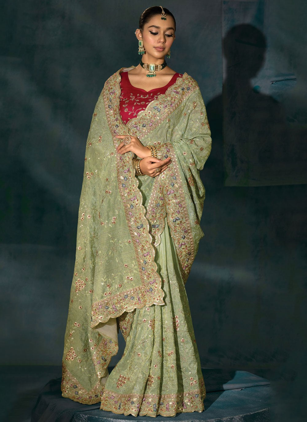 Green Banarasi Silk Traditional Saree Embroidered, Lucknowi Work S19721