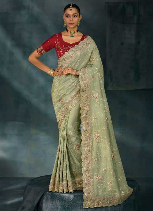 Green Banarasi Silk Traditional Saree Embroidered, Lucknowi Work S19721