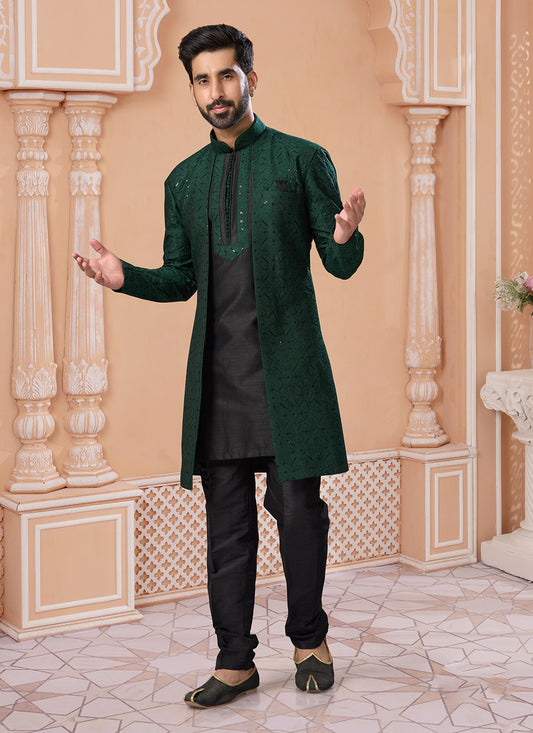 Embroidered Banarasi Silk Black, Green Indo Western Sherwani - M7161