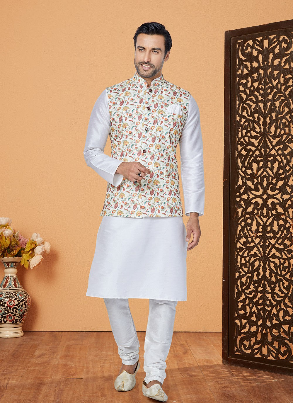 Embroidered Banarasi Silk, Polyester Multi Colour, White Kurta Payjama With Jacket - M5534