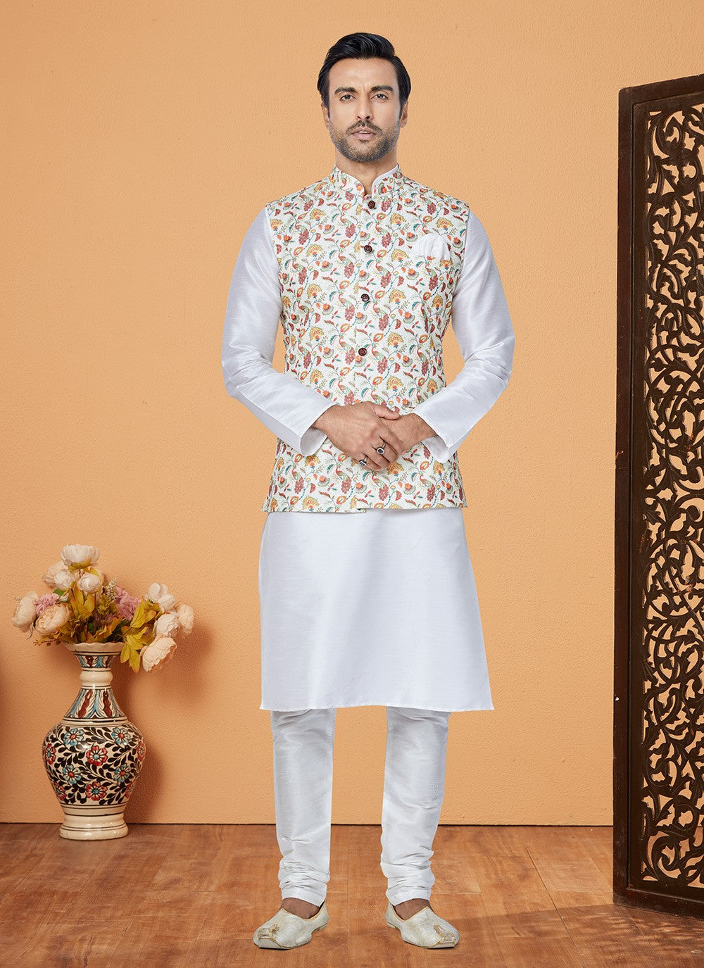 Embroidered Banarasi Silk, Polyester Multi Colour, White Kurta Payjama With Jacket - M5534