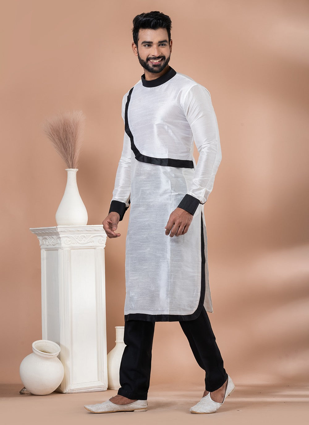 Fancy Work Banarasi Silk Black, White Indo Western - M7011