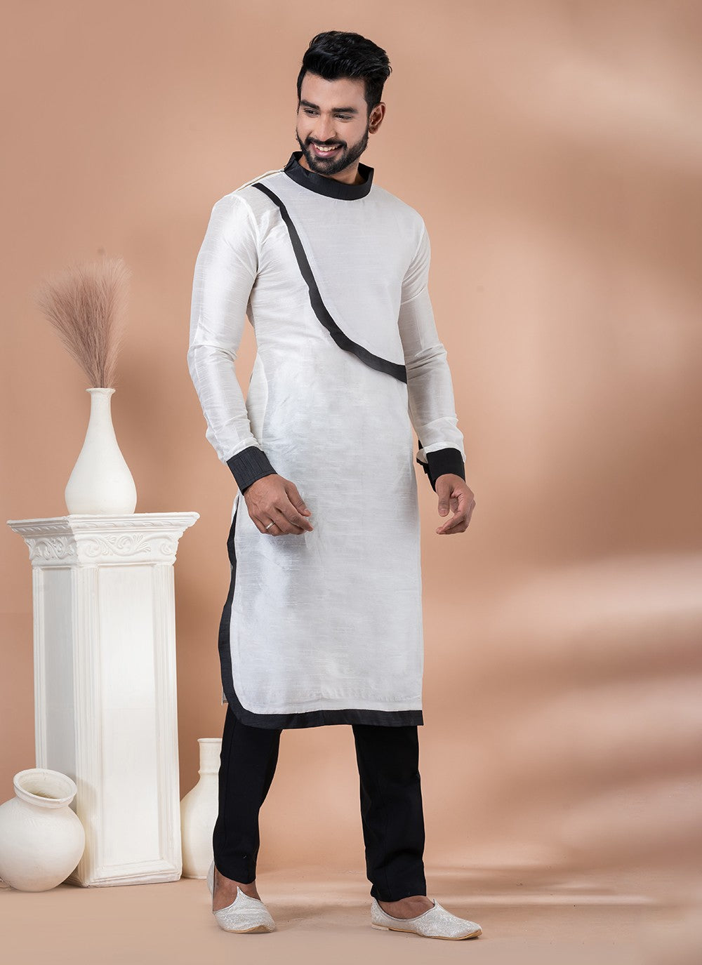 Fancy Work Banarasi Silk Black, White Indo Western - M7011