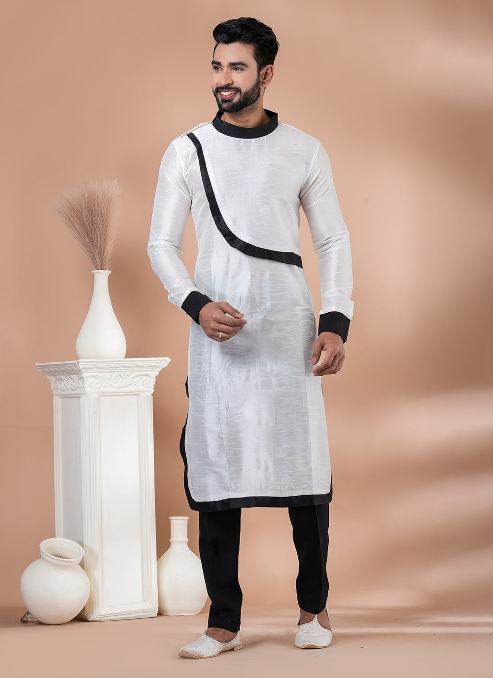 Fancy Work Banarasi Silk Black, White Indo Western - M7011