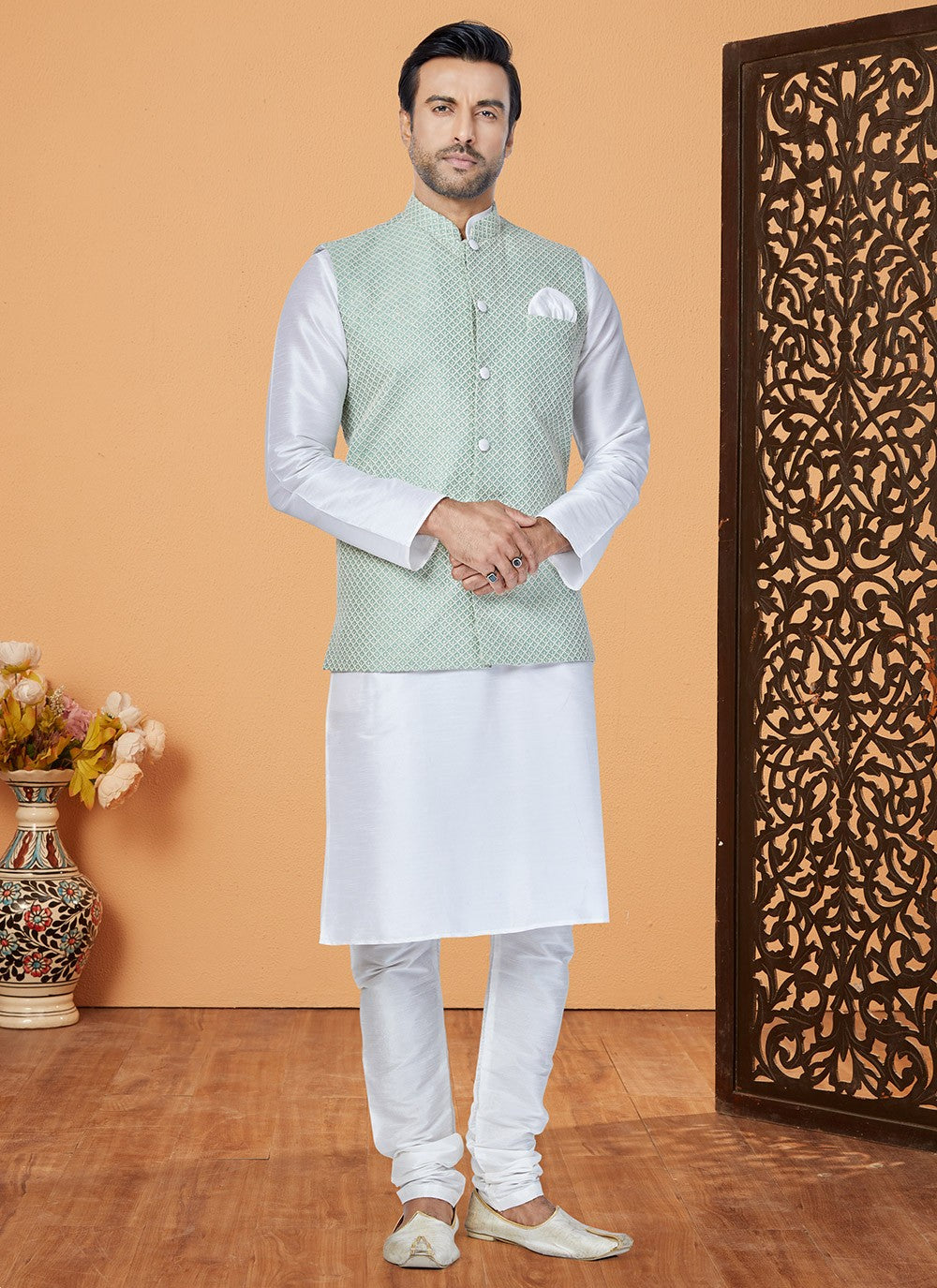 Fancy Work Banarasi Silk Green, Off White Kurta Payjama With Jacket - M5311