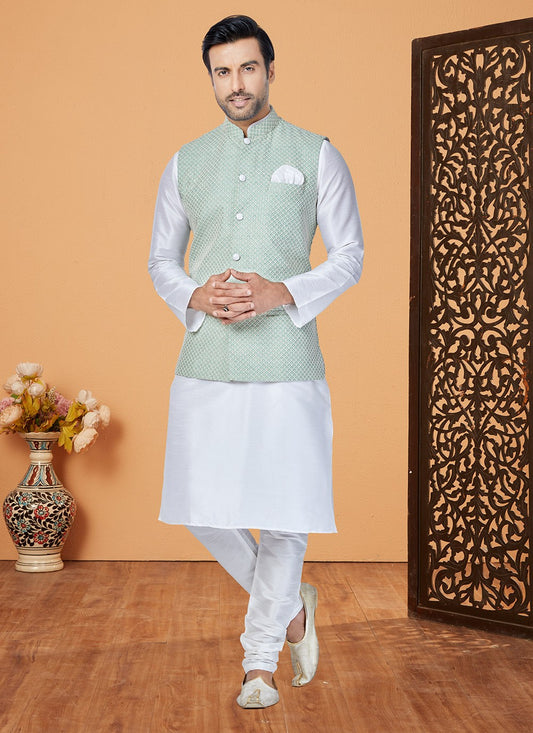 Fancy Work Banarasi Silk Green, Off White Kurta Payjama With Jacket - M5311