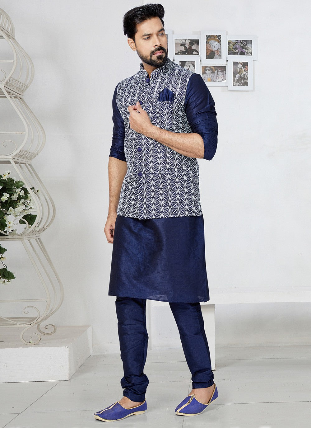 Fancy Work Banarasi Silk Blue, Navy Blue Kurta Payjama With Jacket - M5303