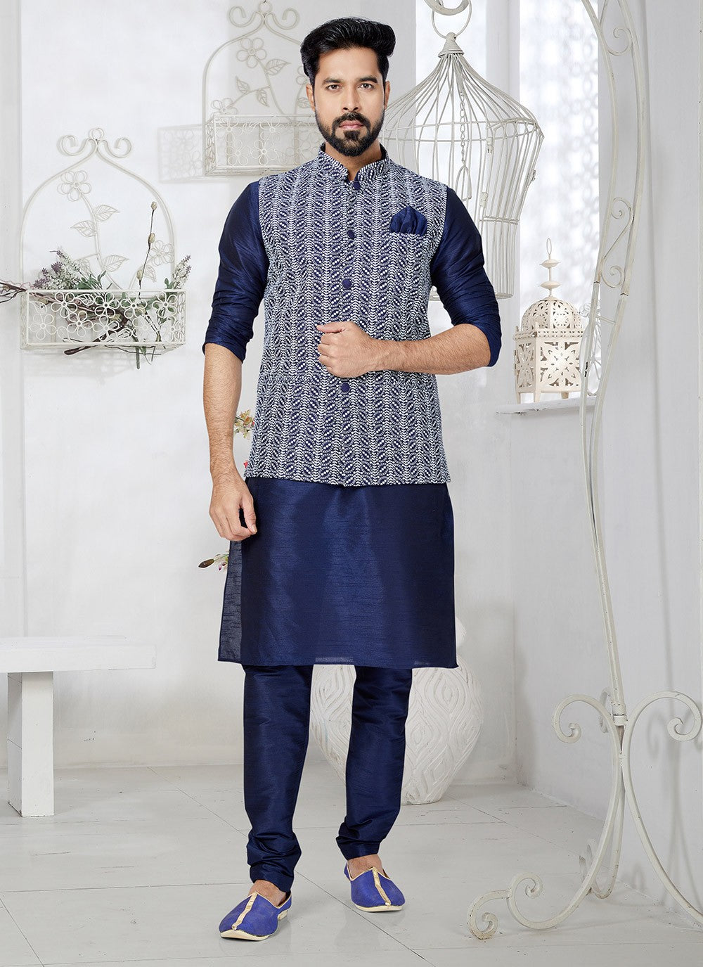 Fancy Work Banarasi Silk Blue, Navy Blue Kurta Payjama With Jacket - M5303