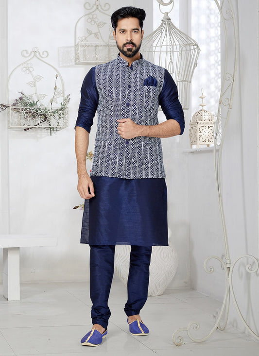 Fancy Work Banarasi Silk Blue, Navy Blue Kurta Payjama With Jacket - M5303