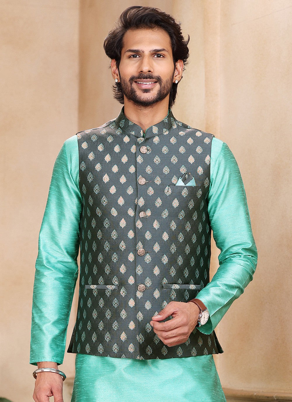 Fancy Work Banarasi Silk, Jacquard Green, Grey Kurta Payjama With Jacket - M5370